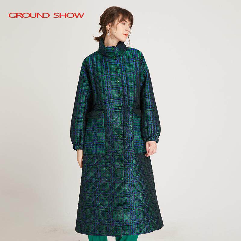 【专柜款】阁兰秀秋冬新品翠绿格形粗花呢棉衣过膝长款棉服女装