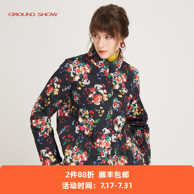 黑色印花棉衣阁兰秀加厚保暖