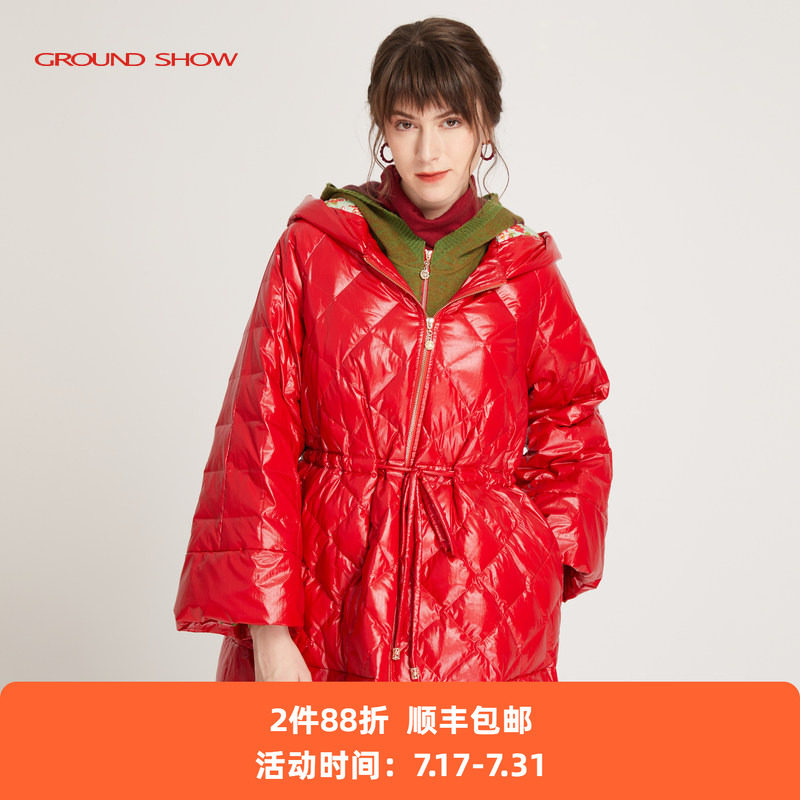【专柜款】阁兰秀秋冬新款红色连帽羽绒服保暖棉衣御寒外套女装