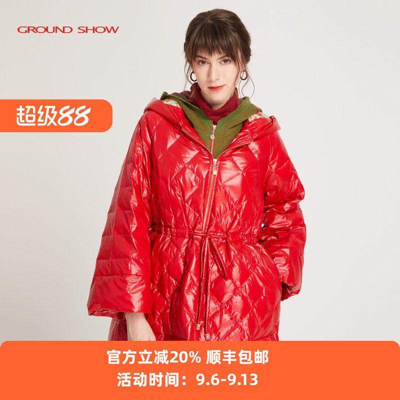 【专柜款】阁兰秀秋冬新款红色连帽羽绒服保暖棉衣御寒外套女装