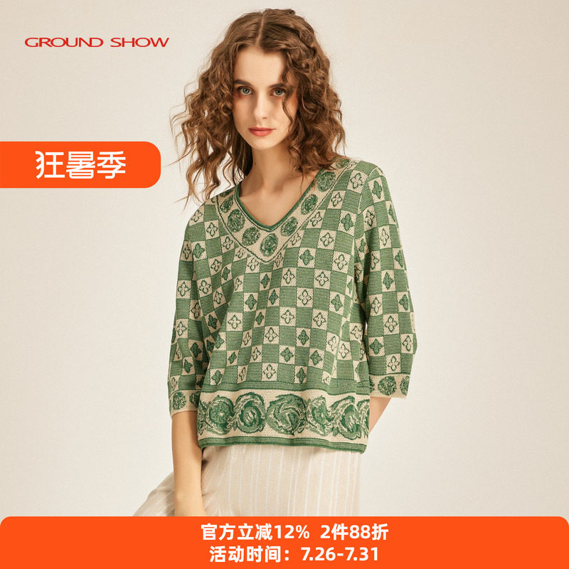 【商场同款】阁兰秀春新品五分袖桃心领棋盘格提花针织套头衫女装