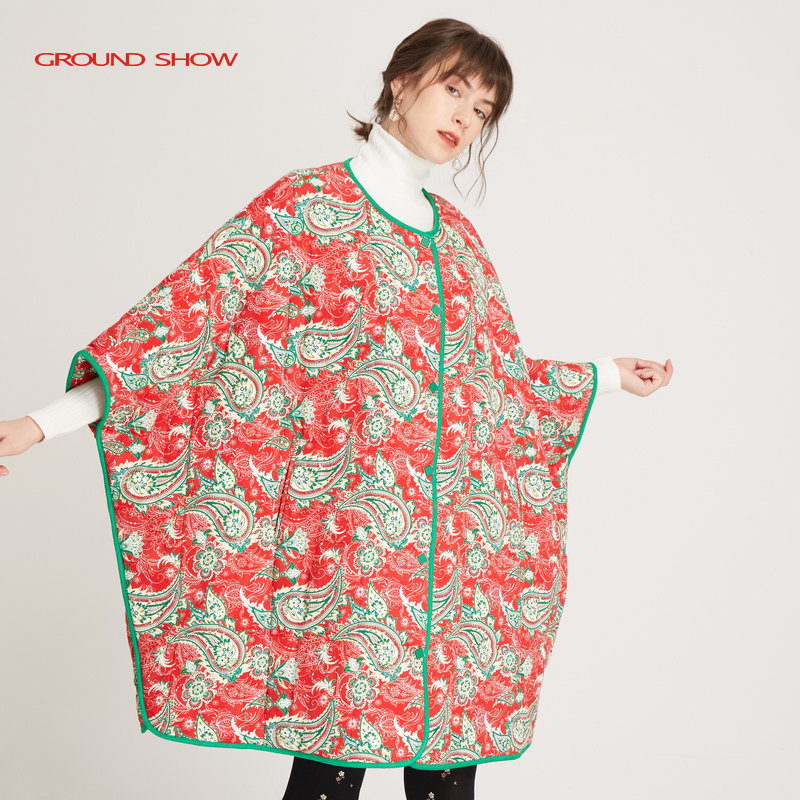 【专柜款】Ground Show/阁兰秀秋冬款印花斗篷式棉衣保暖外套女装