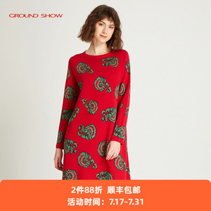 阁兰秀春季红色提花针织连衣裙圆领套头直筒宽松A字裙中长款女装