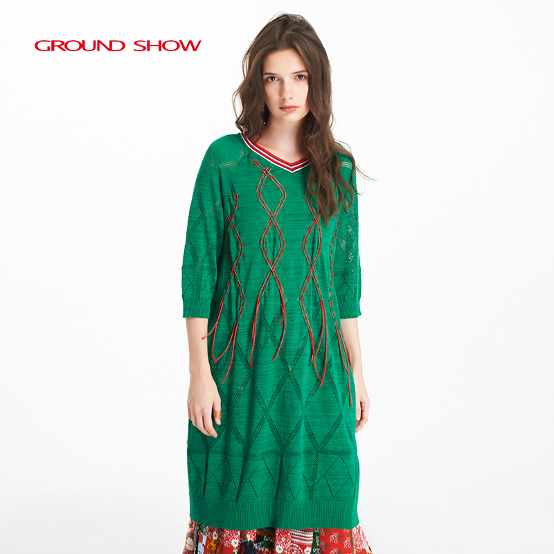 【专柜款】阁兰秀夏新品葱翠绿色V领菱形镂空提花针织连衣裙女装