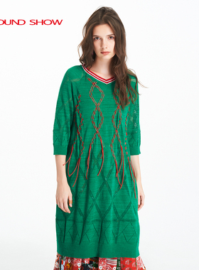【专柜款】阁兰秀夏新品葱翠绿色V领菱形镂空提花针织连衣裙女装