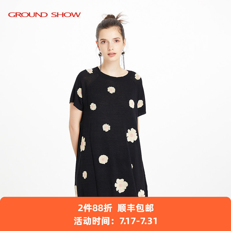 【专柜款】阁兰秀夏新品黑色短袖提花针织连衣裙亚麻透气裙子女装