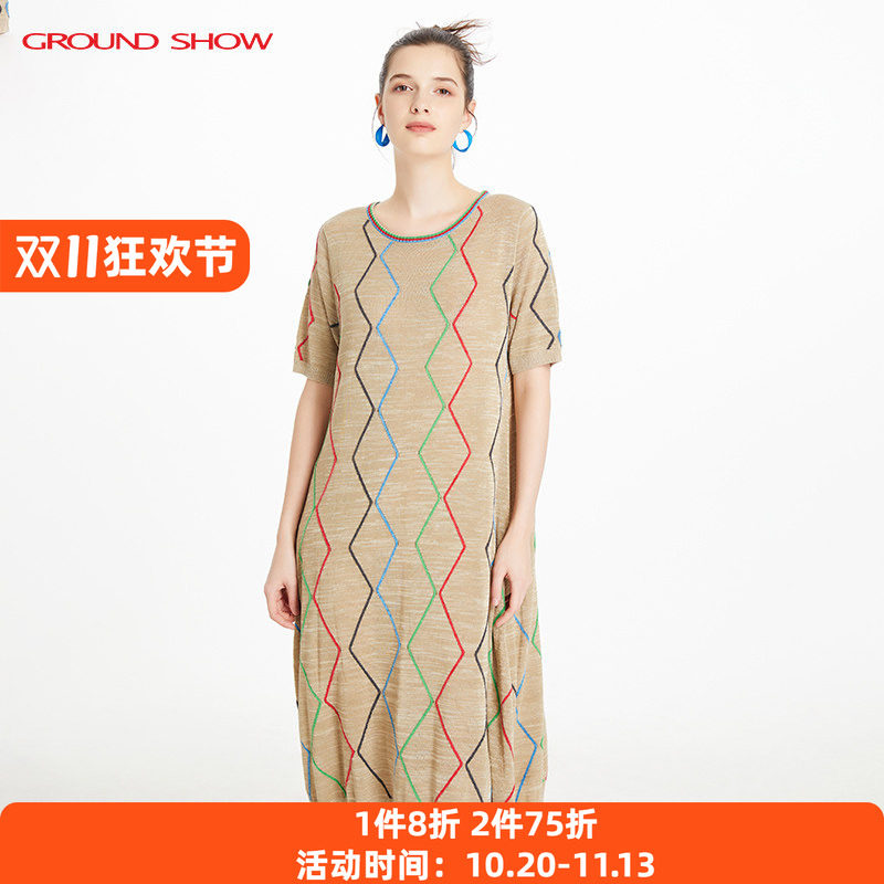【专柜款】阁兰秀夏新品短袖原麻色绢丝棉提花针织连衣裙裙子女装