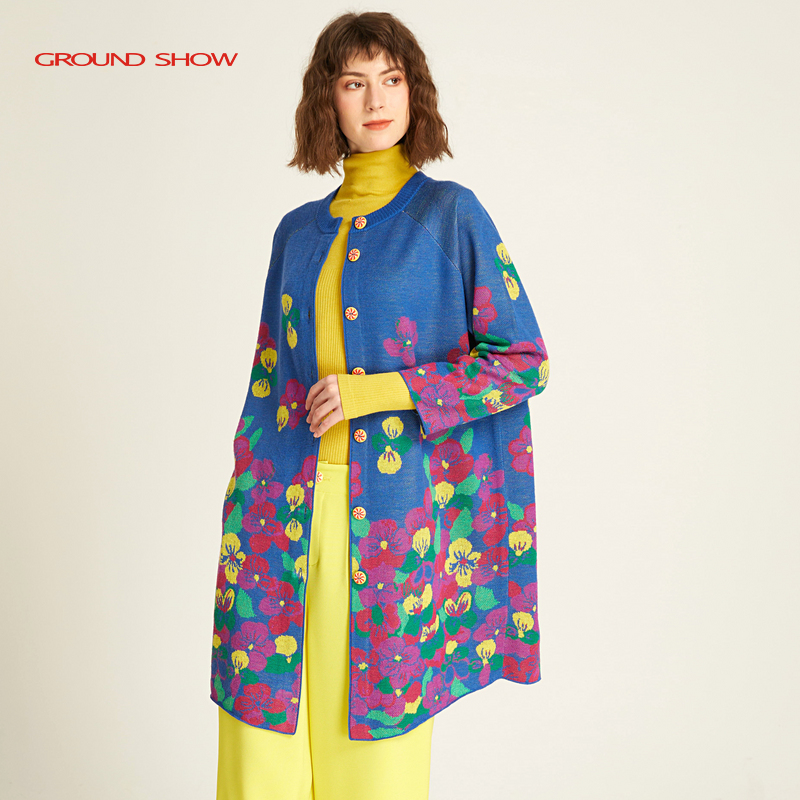 阁兰秀秋冬新款提花针织开衫长款羊毛单排扣直筒宽松优雅外套女装