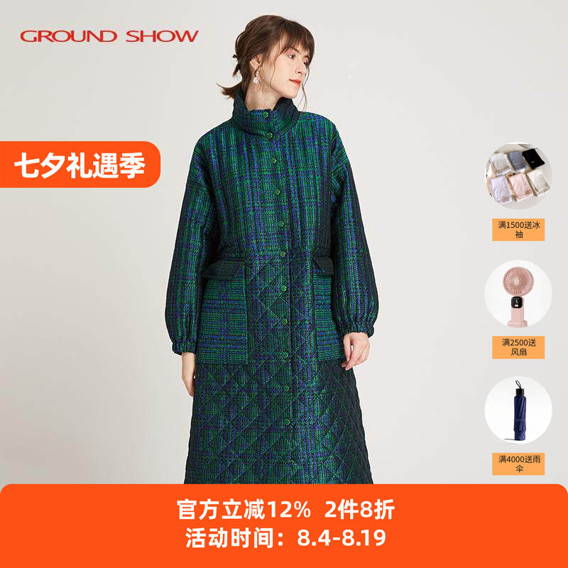 【专柜款】阁兰秀秋冬新品翠绿格形粗花呢棉衣过膝长款棉服女装