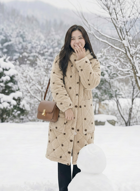 连帽加绒加厚女款时尚中长款保暖宽松睡袍家居服三层夹棉外套YY01