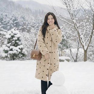 连帽加绒加厚女款时尚中长款保暖宽松睡袍家居服三层夹棉外套YY01