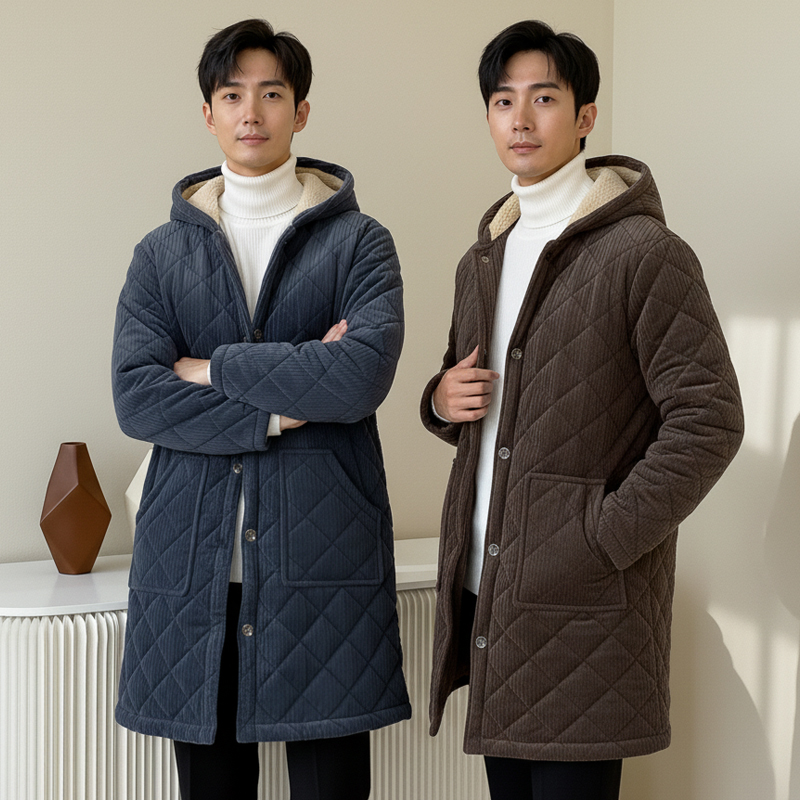 男士中长款连帽三层加绒加厚棉服