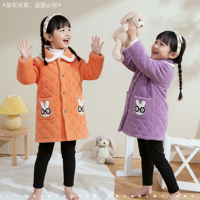 女童三层加绒加厚保暖防污棉服
