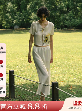 Piacevole e 25SS春夏新品 真丝印花短袖上衣中长款高级感半身裙