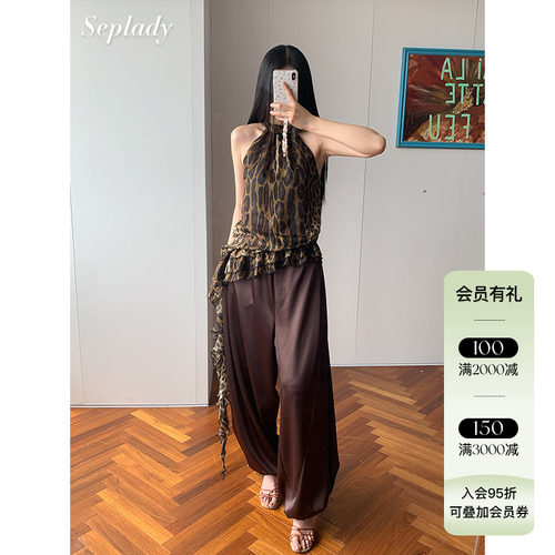 JACQUES WEI 26AW秋冬新品 高级感豹纹挂脖吊带女不规则真丝上衣