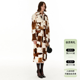 现货授权JACQUES WEI 22秋冬方格皮毛拼接大衣女高级皮草大衣外套