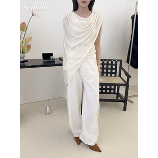 自留款 sense 26SS春夏新品 不规则设计羊毛褶皱纯色披肩上衣