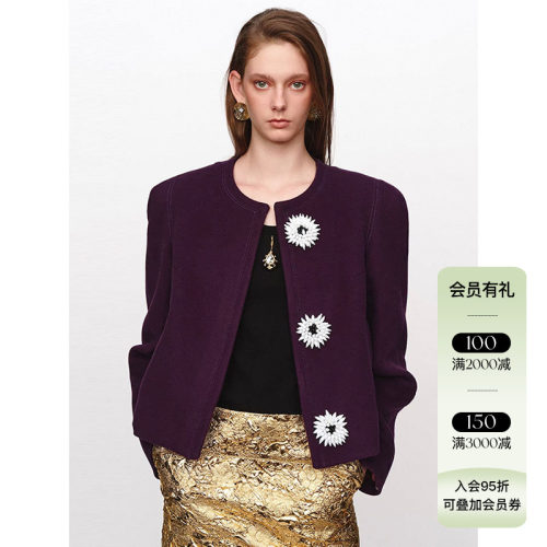JACQUES WEI 26AW秋冬新品 高级感撞色花朵扣无领100羊毛短款外套