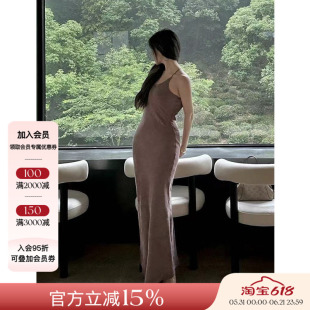 Deplumer 法式吊带连衣裙铜氨丝复古气质露背显瘦斜裁礼服裙长裙
