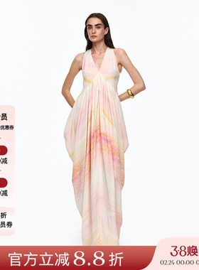 AETNA PROJECT 26SS春夏新品 V领印花垂褶连衣裙女设计感无袖长裙