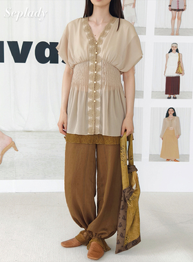 Palavas 26SS春夏新品 度假风蕾丝拼接轻薄雪纺衬衫女V领短袖上衣