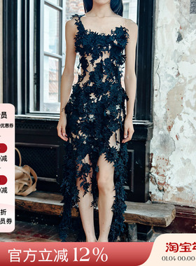 Xiangqiao Sheng盛湘乔25s春夏黑色立体花朵礼服裙女抹胸度假长裙