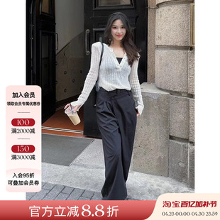 正品授权Loosing White 时尚百搭黑色斜门襟阔腿裤休闲裤女