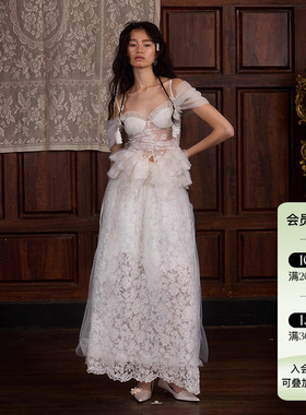 Deplumer 25AW新品 波西米亚风蕾丝吊带蝴蝶上衣纯色刺绣半身长裙