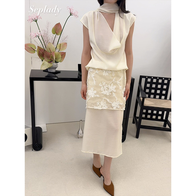 主推款 ii sense 26SS新品 白色荡领设计感上衣刺绣薄纱层叠半裙