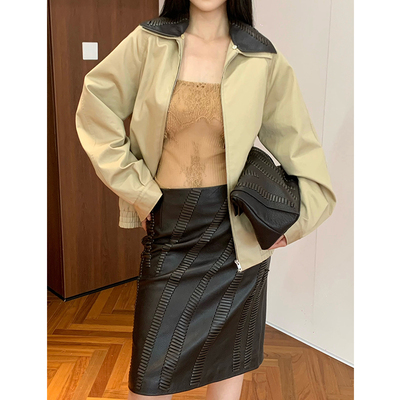 JACQUES WEI 25SS春夏新品 可拆卸手工编织皮领夹克女皮裙半身裙