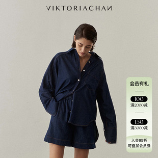 正品授权VIKTORIACHAN廓形牛仔衬衫上衣高腰短裤休闲宽松长裤