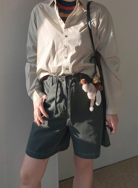 4折 WHM 25SS春夏新品 平纹帆布抽绳短裤女纯色百搭休闲裤子