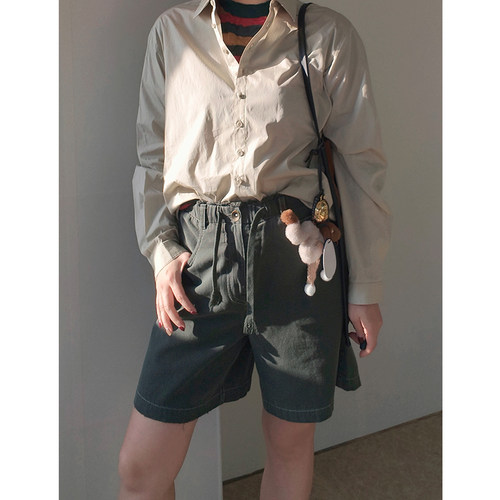 6折 WHM 25SS春夏新品 平纹帆布抽绳短裤女纯色百搭休闲裤子