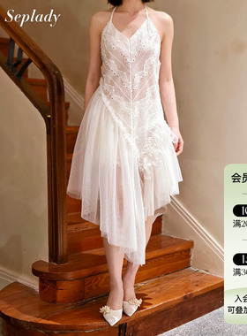 Deplumer 25AW新品 不规则设计挂脖连衣裙气质微透网纱重工衬裙