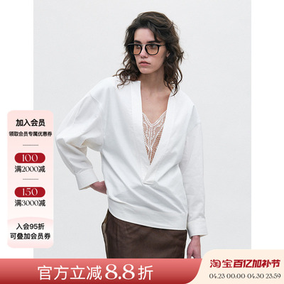 JACQUES WEI 25SS春夏新品 蕾丝V领拼接衬衫女白色长袖休闲上衣