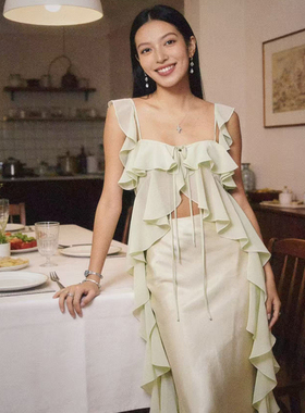 Deplumer 26SS春夏新品 小众设计荷叶边系带吊带上衣垂感长款半裙