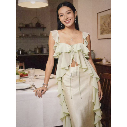 Deplumer 26SS春夏新品 小众设计荷叶边系带吊带上衣垂感长款半裙