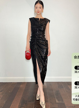 断码清仓4折 JACQUES WEI 23AW秋冬新款女士亮片褶皱开衩连衣裙
