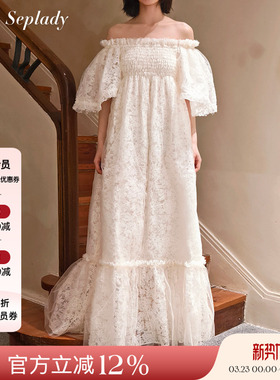 Deplumer 25AW新品 设计感一字肩连衣裙宽松蕾丝重工纯色长款裙子