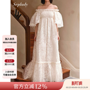 裙子 设计感一字肩连衣裙宽松蕾丝重工纯色长款 Deplumer 25AW新品