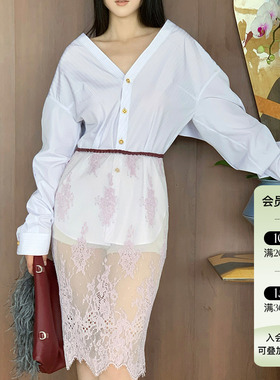 JACQUES WEI 25SS春夏新品 白色条纹落肩衬衫女蕾丝透感半裙