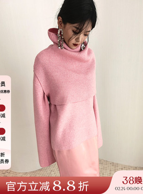 正品授权VIKTORIACHAN22秋冬新品粉色高领针织套头衫套装休闲舒适