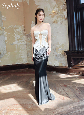 Xiangqiao Sheng盛湘乔26SS新品 蝴蝶缎面镂空抹胸垂感缎面半身裙