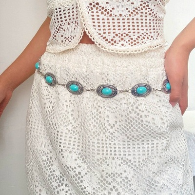 波西米亚女式复古腰链绿松石腰带复古金属高级感链条可调节牛仔裤