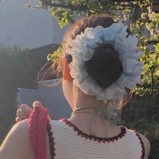 周美美同款蕾丝大肠发圈奶蓝泡芙蓝色格子发绳高级感大号肠圈发饰