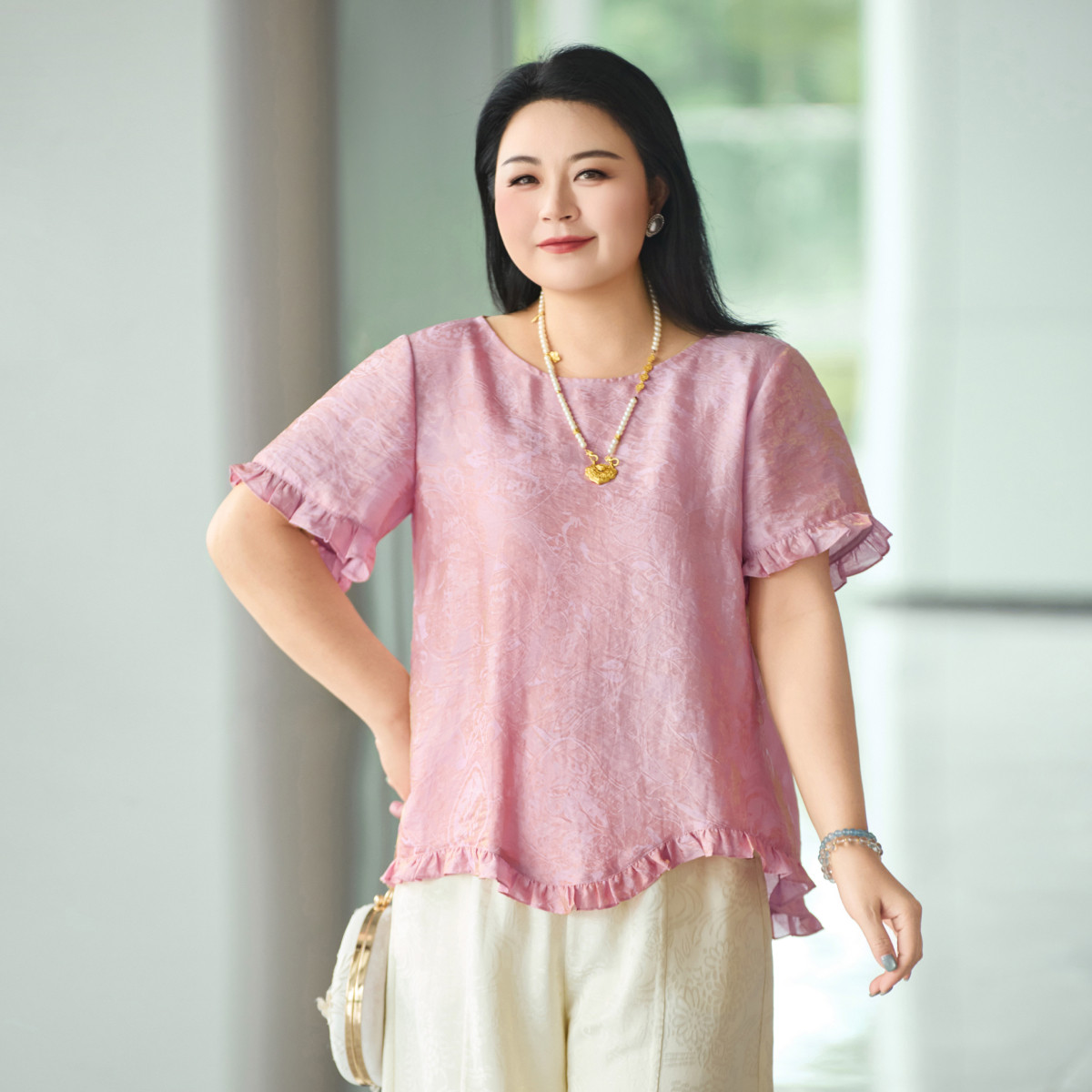 MsShe大码女装上衣不规则木耳边图片