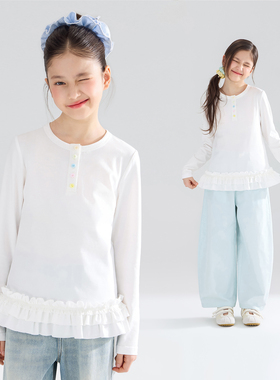 【宁儿粉丝专享】莱赛尔棉 亨利领彩色纽扣花边T恤女童26春新