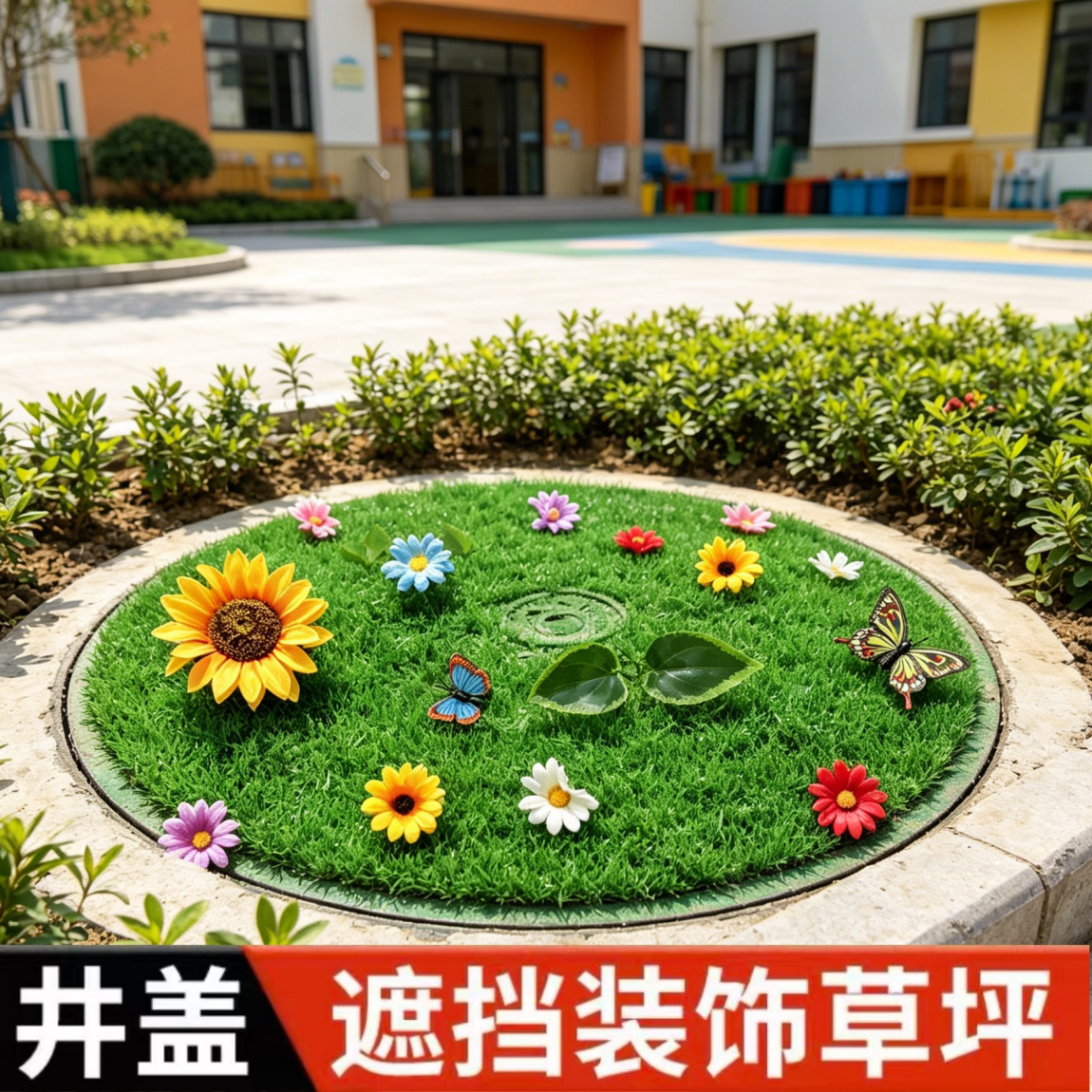 仿真草坪井盖装饰垫圆形人造草皮小区绿化美化户外绿化装饰草垫