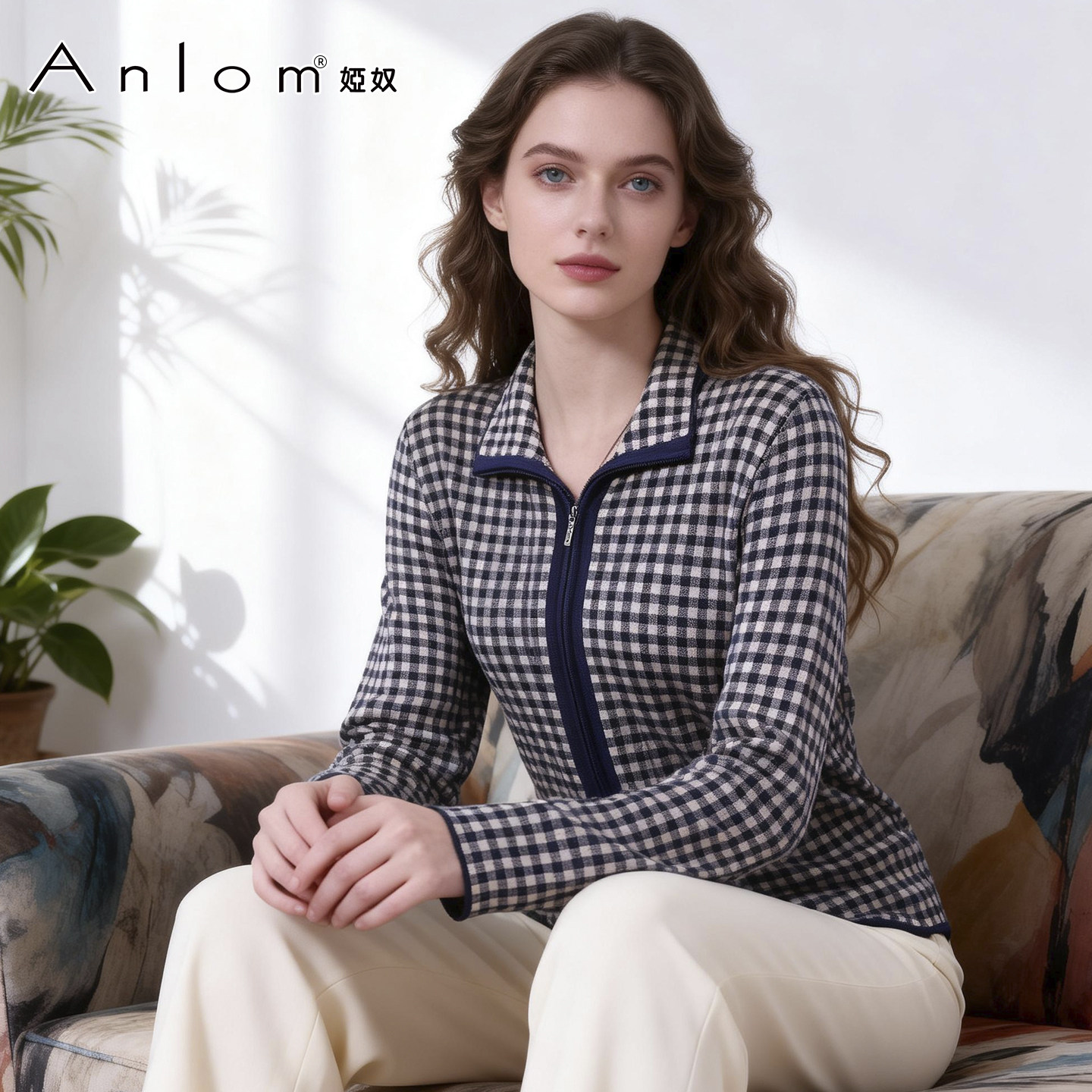 Anlom领长袖拉链针织开衫桑蚕丝