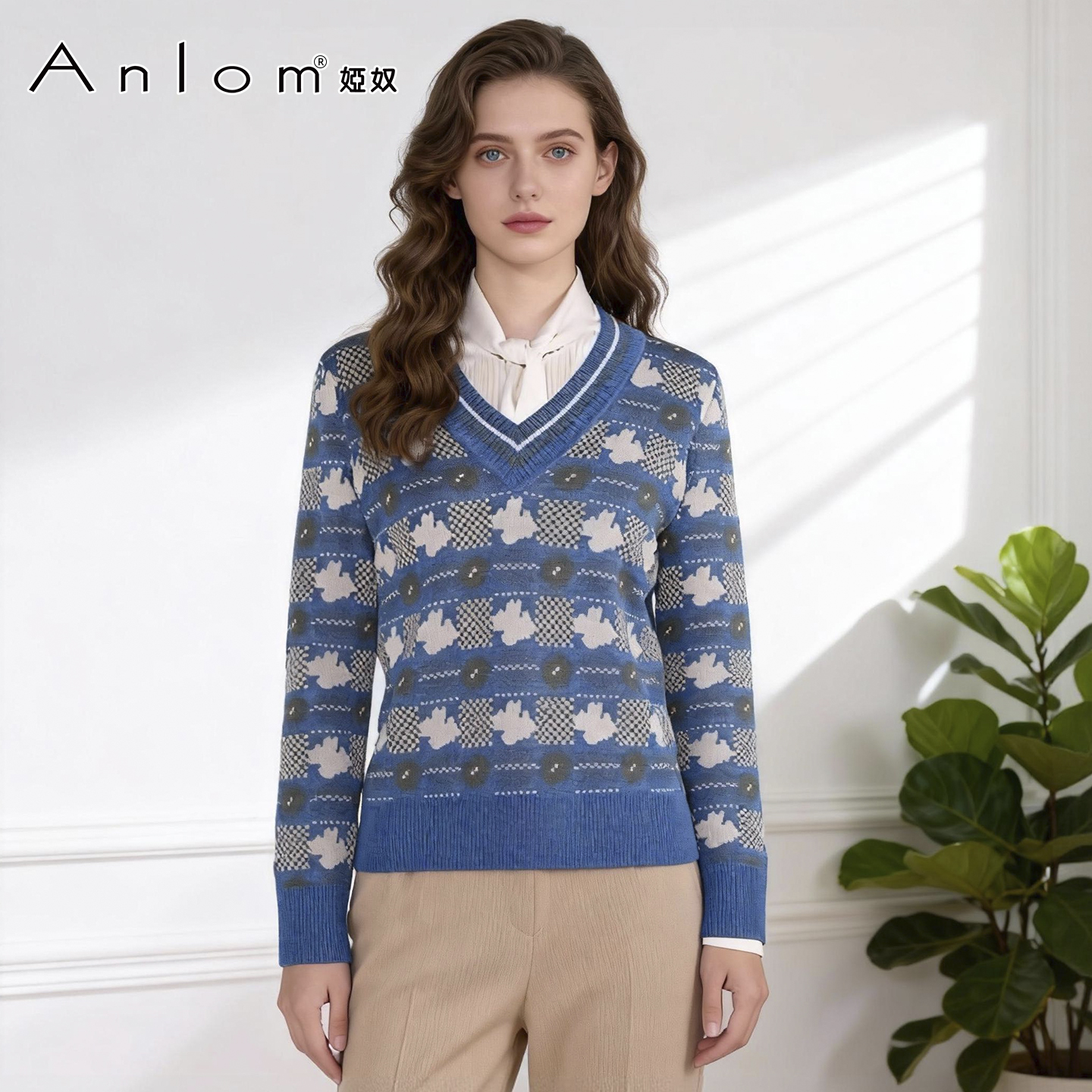 Anlom/娅奴秋冬新款专柜正品大码女装桑蚕丝针织衫女上衣圆领套衫